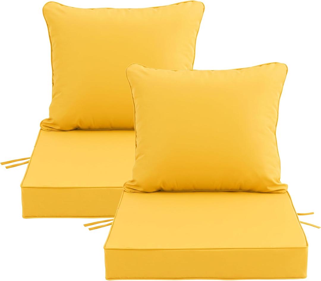 24x24 Inch Outdoor Chair Cushions Set of 2, Patio Furniture Cushions - Removable Cover, Water-Repellent, Fade-Resistant, Non-Slip Bottom & Straps, Replacement for Deep Seat Sofa & Couch - Yellow, 2 Pack | 24''x24''