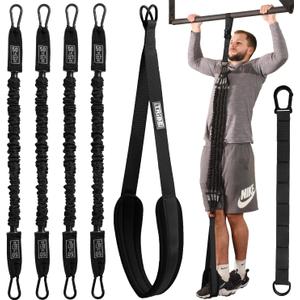 Pull Up Assistance Bands - 4 Heavy Duty Pull Up Bands with Adjustable Strap and Foot Rest - Stackable Pull Up Assist Band Set for Pull Up Bar - Resistance Bands for Pull Ups Chin Ups Strength Training (Black)