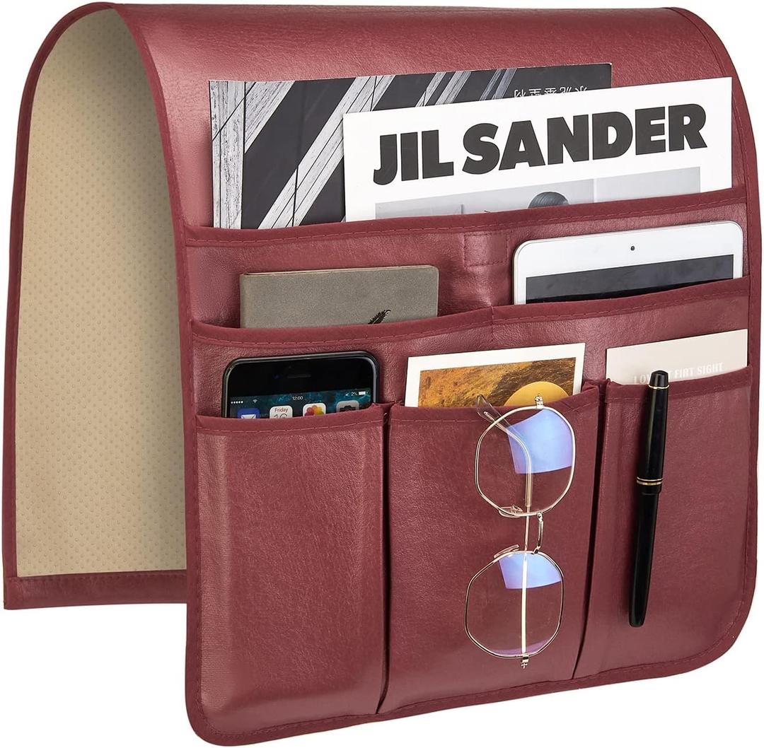 Teniux Remote Control Holder Faux Leather Armrest Organizer with 6 Pockets for recliner couch sofa, Armchair Caddy for Smart Phone, Book, Magazines, Ipad, Remotes (Rose Wine)