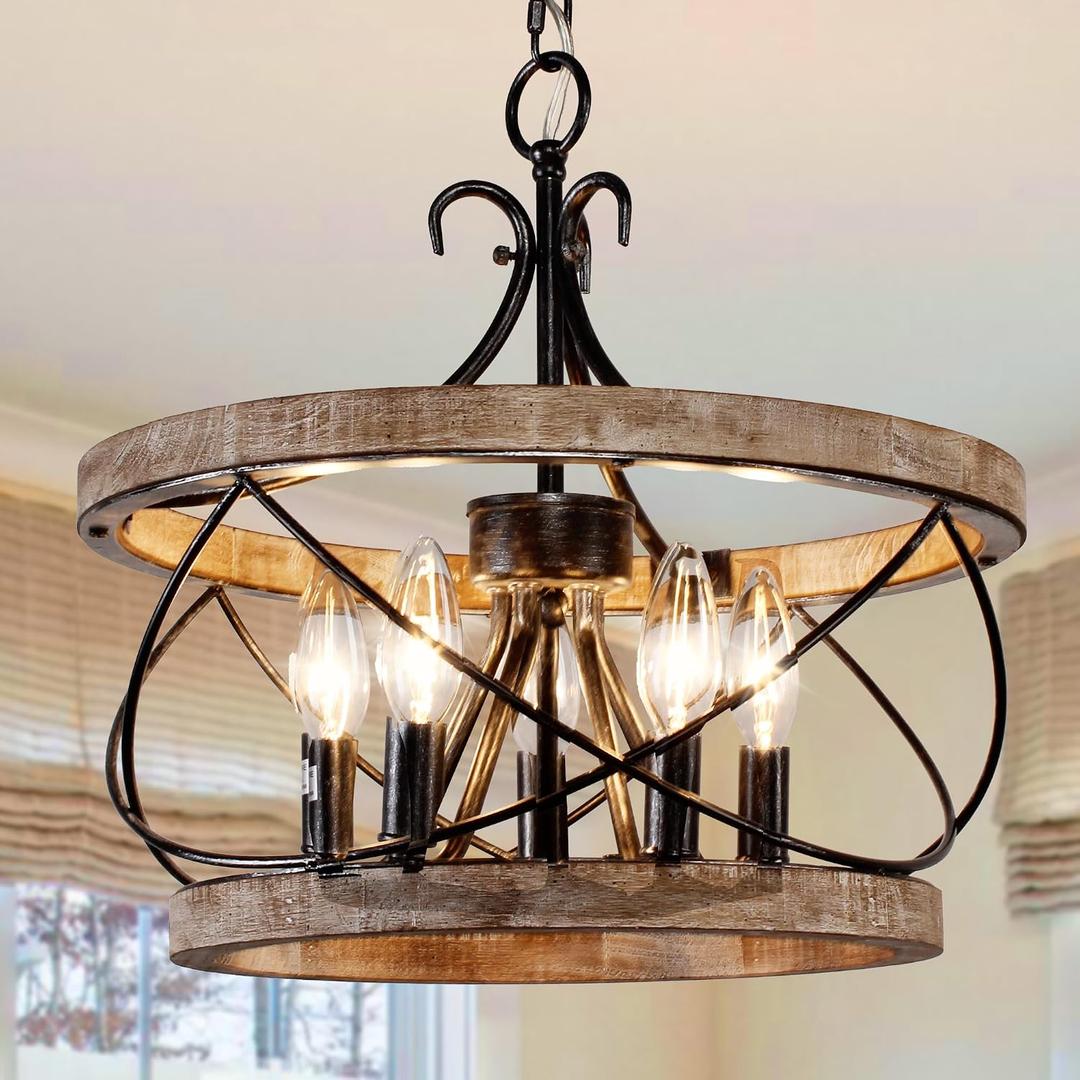 20" Farmhouse Chandelier, Rustic Drum Chandelier Light Fixture Over Table, 5-Light Pendent Light for Dining Room Vintage Wood Chandelier for Bedroom Hanging Lamp for Kitchen