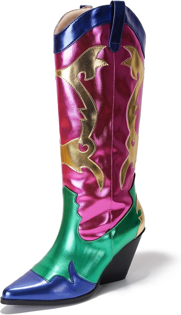Cape Robbin Women's Metallic Colorblock Cowboy Boots Mid Calf 3 Inch Heel - Multicolor Western Boots with Pointed Toe & Comfort Footbed (Juliana) size: 8.5 (Pink)