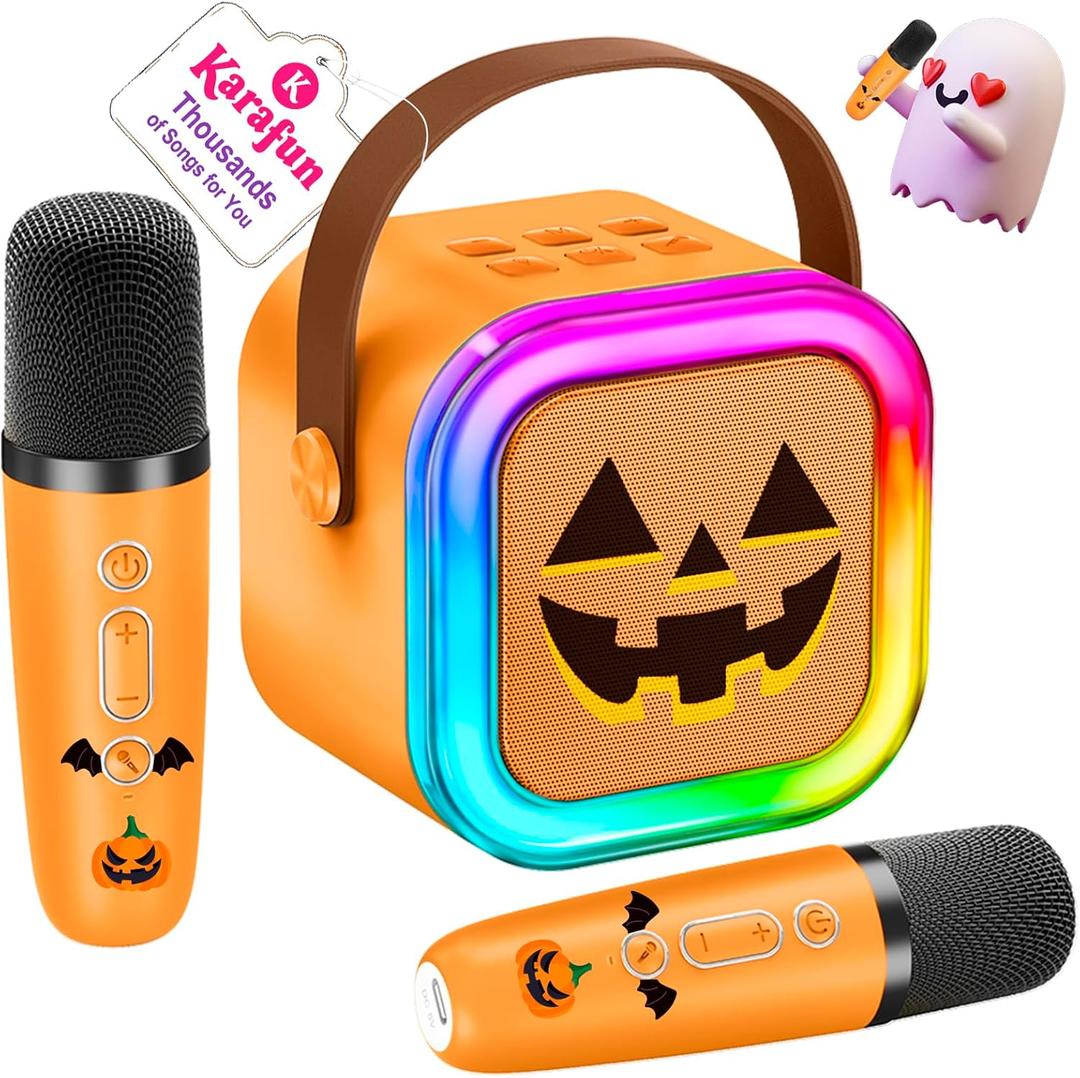 Mini Karaoke Machine for Kids, Halloween Party Supplies & 2025 TOP Toy Gifts Ideas for Girls Boys Ages 4-12, Portable MP3 Player with 2 Wireless Mics for Birthday Christmas Singing GamesPumpkin (Limited Edition Pumpkin)