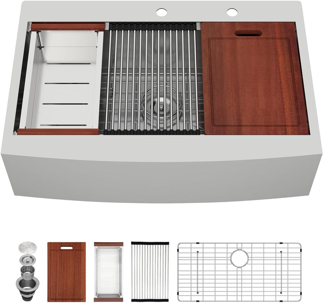 Sarlai 33 Farmhouse Kithchen Sink - 33 x 22 Inch Apron Front Ledge Drop In Workstation16 Gauge Stainless Steel Single Bowl Top-mount Farm Sinks, 33" x 22" x 10"