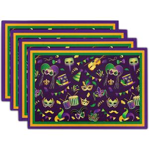 Mardi Gras Placemats Set of 4 18x12 Inch Carnival Fleur De Lis and Masks Linen Place Mat Heat-Resistant Washable Wipeable Table Mat for Party Kitchen Dining Home Decor