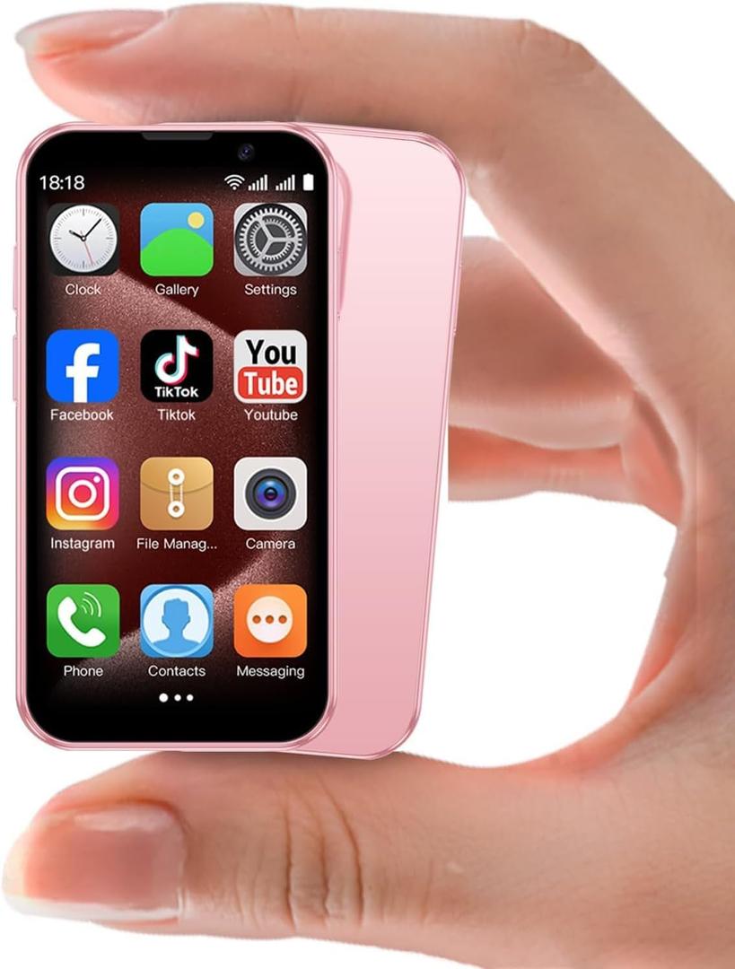 Mini Phone 3.0" Unlocked Mini Smartphone for Kids World's Smallest Cell Phone Quad Core Dual Sim Card Face ID Android Compact Small Mobile Phones for Student Pocket 2GB+16GB Pink