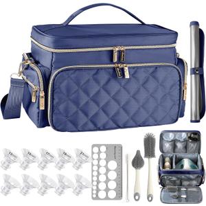Breast Pump Bag Kit for Spectra S1/S2, Pumping Bag with Bottle Brush Set, 10Pcs Flange Inserts for 24mm Flange, Nipple Ruler, Waterproof Mat, Pump Carrying Case for Work Travel, Navy Blue