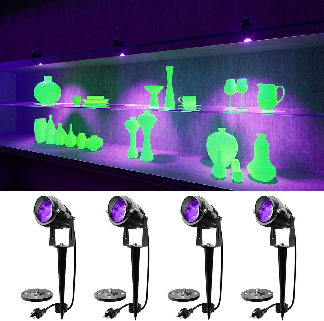 4 Pack UV Landscape Spotlights for Outdoor & Indoor Waterproof Wired 120V Purple Spot Lights for Blacklight Poster, Uranium Glass, Reaction Lighting for Body Painting and Glow Party