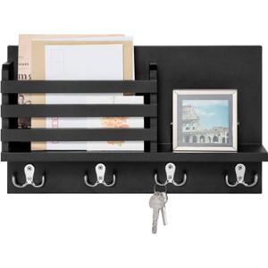 Dahey Wall Mounted Mail Holder Wooden Key Holder Rack Mail Sorter Organizer with 4 Double Key Hooks and A Floating Shelf Rustic Home Decor for Entryway or Mudroom,15.7" W x9.3 Hx3.2 D, Black