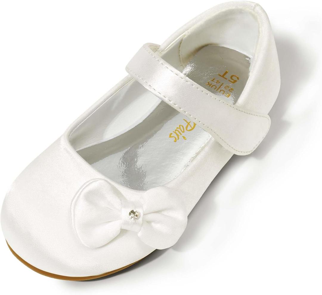 DREAM PAIRS Toddler Girls Dress Shoes Mary Jane Flats, Girls School Uniform Flats Bow Ballerina Shoes (White/Satin, 8)