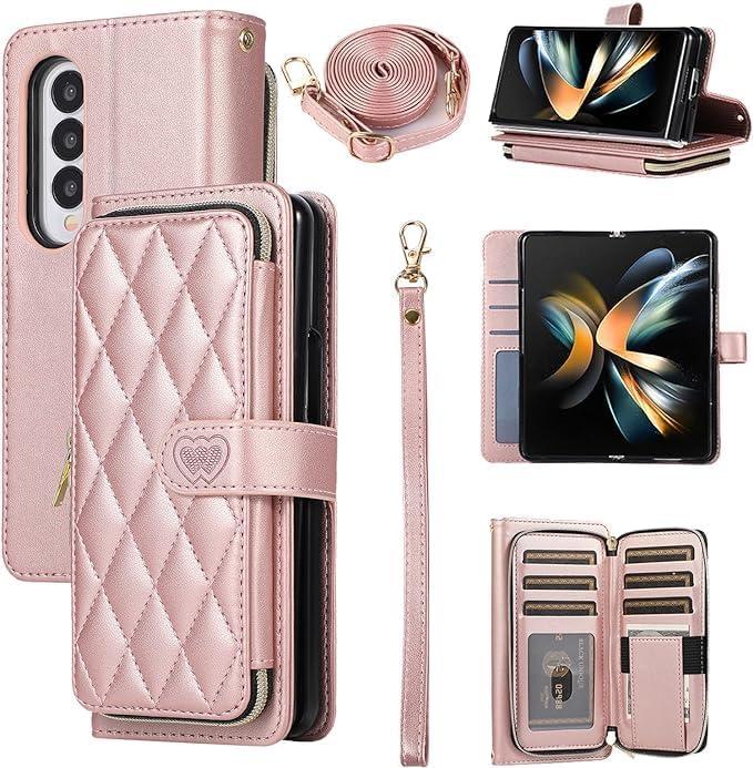 Wallet Case for Samsung Galaxy Z Fold 4 with Zipper Card Holder & Shoulder Strap & Wrist Strap, Crossbody Purse Handbag Stylish Protective Cover for Galaxy Z Fold 4 -Rose Gold