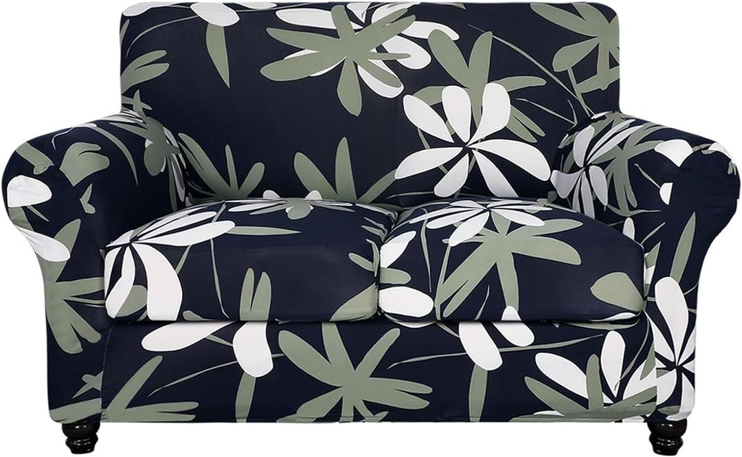 SearchI Stretch Sofa Cover Printed Couch Cover, Floral Pattern 3 Pieces Loveseat Slipcover with 2 Separate Cushion Cover, Washable Furniture Protector for Living Room(Loveseat, Navy Blue)