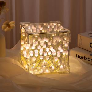 Tulip Night Light, Led Decorative Nights Lamp for Bedroom, Handmade DIY Magic Cube Tulips Flower Table Lamp and Mirror 2 in 1, 21 Flowers Mothers Day Gifts for Women and Girl (Purple-Pink Tulips)
