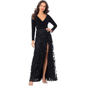 Xscape Women's Long Sleeve V-Neck Floral Skirted Gown (6, Black)