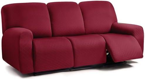 ULTICOR Squared Jacquard Design 8-Pieces Recliner Sofa Covers Stretch Reclining Couch Covers for 3 Cushion Reclining Sofa Slipcovers Thick Soft Washable (3 Seater Recliner Cover, Burgundy - Wine)