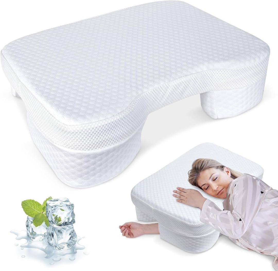 Side Sleeper Pillow with Arm Holes, Memory Foam Pillow for Neck & Shoulder & Cervical Pain Relief, Ergonomic Arm Holes Positioner Cooling Bed Pillows for Side Stomach Sleeping (White)