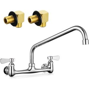 Kitchen Sink Faucet Wall Mount - 8 Inch Center Wall Mount Commercial Kitchen Sink Faucet with 8" Swivel Spout - Dual Lever Handles - Brass Constructed & Chrome Polished