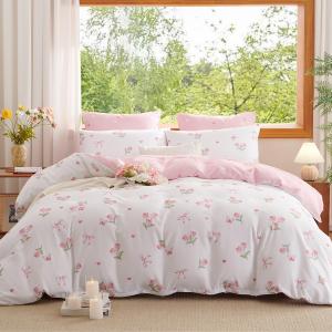 Twin Duvet Cover Floral - Pink Flower Comforter Cover Soft & Lightweight Bedding Set, Microfiber Pink Bow Quilt Cover with Zipper Closure and 1 Pillowcase (68" x 90", No Comforter)