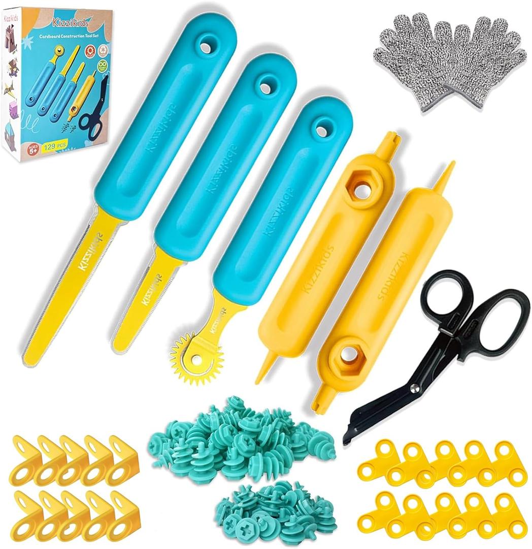 Cardboard Cutting Tools for Kids with Tool Box, 149 PCS Cardboard Construction Kit for Family & Team Activities, Creative STEM Educational Toys Gift for Boys and Girls Aged 5+