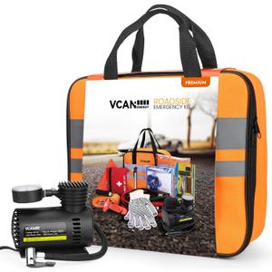 VCANENERGY Car Emergency Safety Kit Bag with Portable Air Compressor, Jumper Cables,First Aid Kit, Tire Pressure Gauge, Auto Vehicle Safety Road Side Assistance Kits Essentials,for Women, Men, Teen