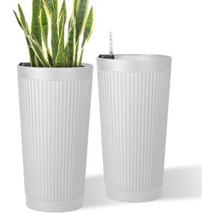 24in Tall Self-Watering Planters Set of 2, White | Water level indicator, Self-watering irrigation system, Non-toxic PP plastic, Weather Resistant, Indoor Outdoor Use