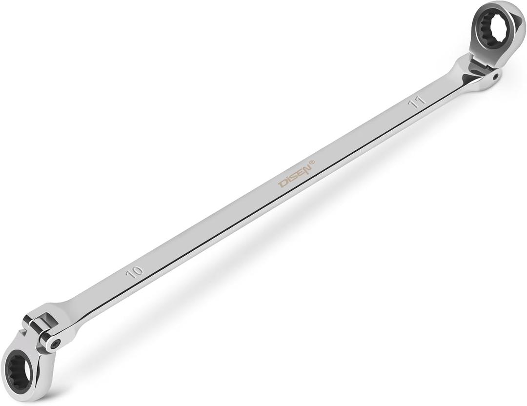 DISEN 10-11mm Extra Long Flex Head Ratcheting Wrench set, Double Box End Long Reach Ratchet Wrench, CRV Steel, Metric