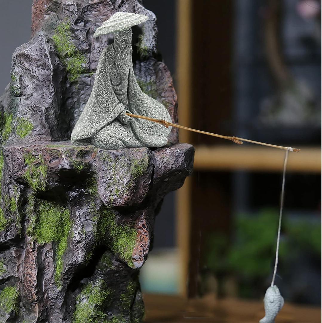 DUZFOREI 1 pCS Mini Sitting Fishing Figurines Sandstone Vintage Ornament Japanese Decor for Fish Tank Pot Garden Home Aquarium Mini Fisherman Statue Asian Zen Decorations