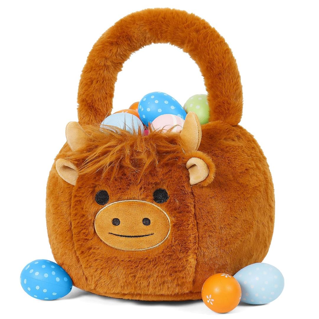 Easter Basket Plush for Kids, Highland Cow Easter Bucket Egg Hunt Bag Boys Girls Festivals Gift (Brown)