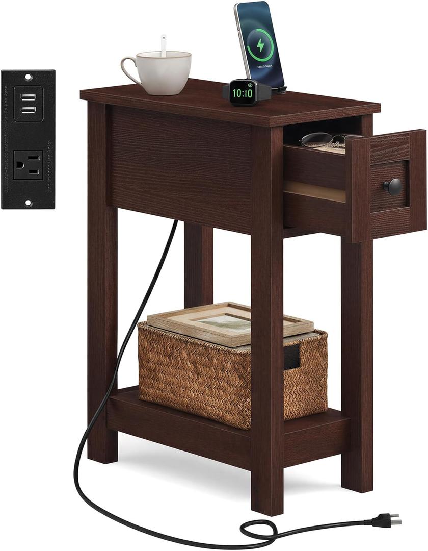 VASAGLE Farmhouse End Table with Storage Drawer, Narrow Side Table with Charging Station, Nightstand, Easy Assembly, for Living Room, Bedroom, Saddle Brown ULET328K01, Rectangular