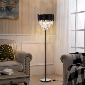Wellmet Black Crystal Floor Lamp for Living Room Corner, 4 Lights Farmhouse Standing Lamp,Modern 3 Tiers Crystal Lamp for Living Room, Dining Room, Bedroom, Reading Room,Office (E12 Base)