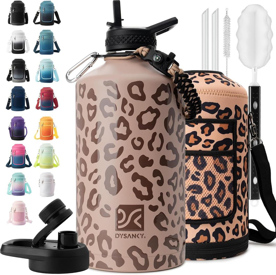 1 Gallon Water Bottle Insulated | Thickened Stainless Steel Vacuum Metal Water Jug | Portable Sports Large for Gym and Hiking with Straw, Carrier Bag, Handle Strap | BPA-Free 128 oz (Leopard Print)