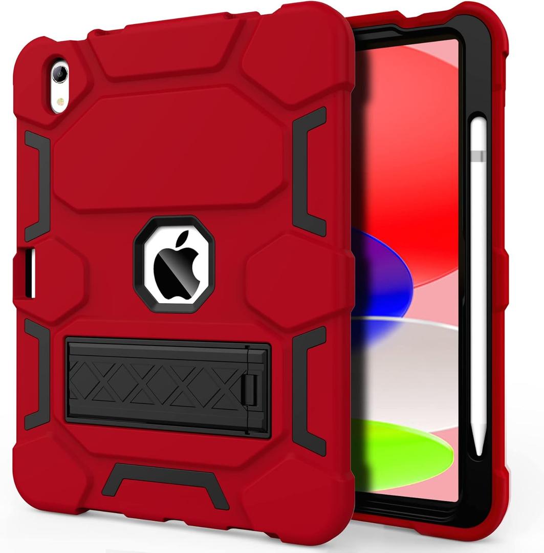CCMAO Case for iPad (A16) 11th/10th Generation(2025/2022), iPad 10th Case with Kickstand & Pencil Holder, Heavy Duty Shockproof Hybrid Three Layer Protective Cover for Girls Women, Red+Black