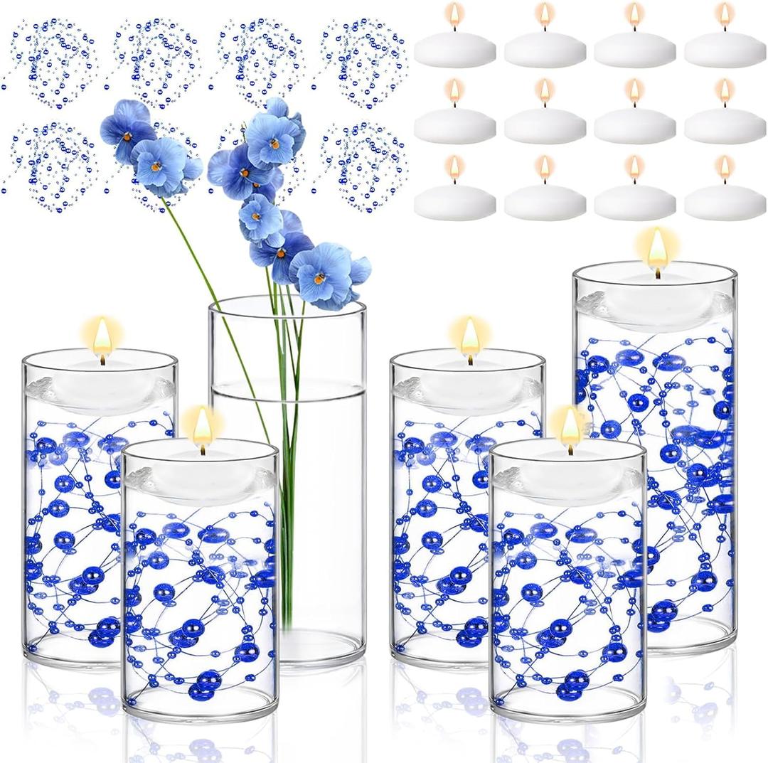 6 Set Glass Cylinder Vase with 8 Artificial Pearl String 12 White Floating Candle Multi-Size Cylinder Vase for Centerpieces 4"+ 6" + 8" Glass for Wedding Party Table Decor (6 Pcs-Blue)