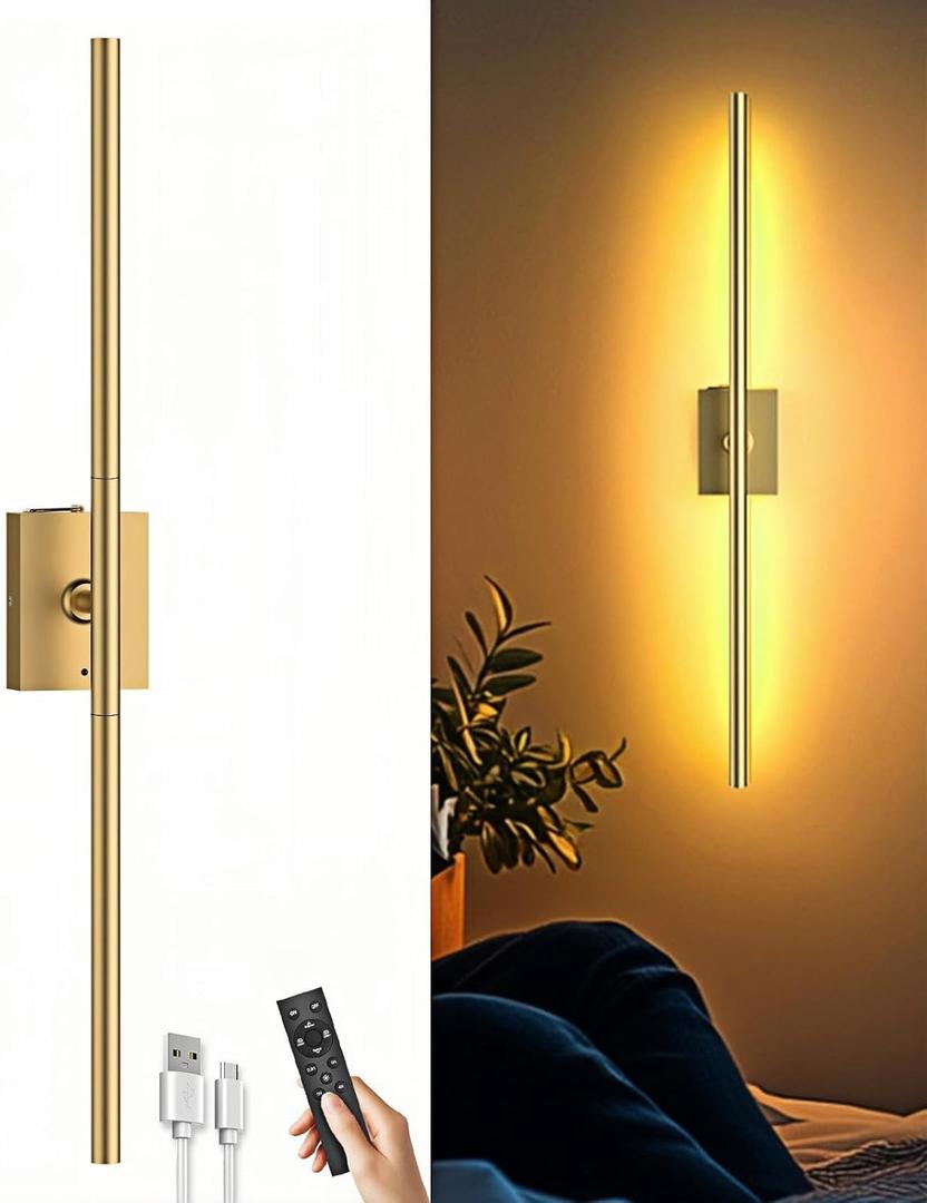 iThird 1 Pack Battery Operated Wall Sconce, Wireless Battery Wall Sconce with Remote Control, Gold LED Rechargeable Sconces, 31.5 Inch Modern Cordless Wall Lights for Bedroom Living Room Picture
