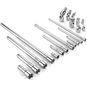 SK 20 Piece Socket Extension Set, 1/4", 3/8" and 1/2" Drive Extension Bar, Swivel Universal Joints and Adapters, SuperKrome Finish, Premium CR-V Construction