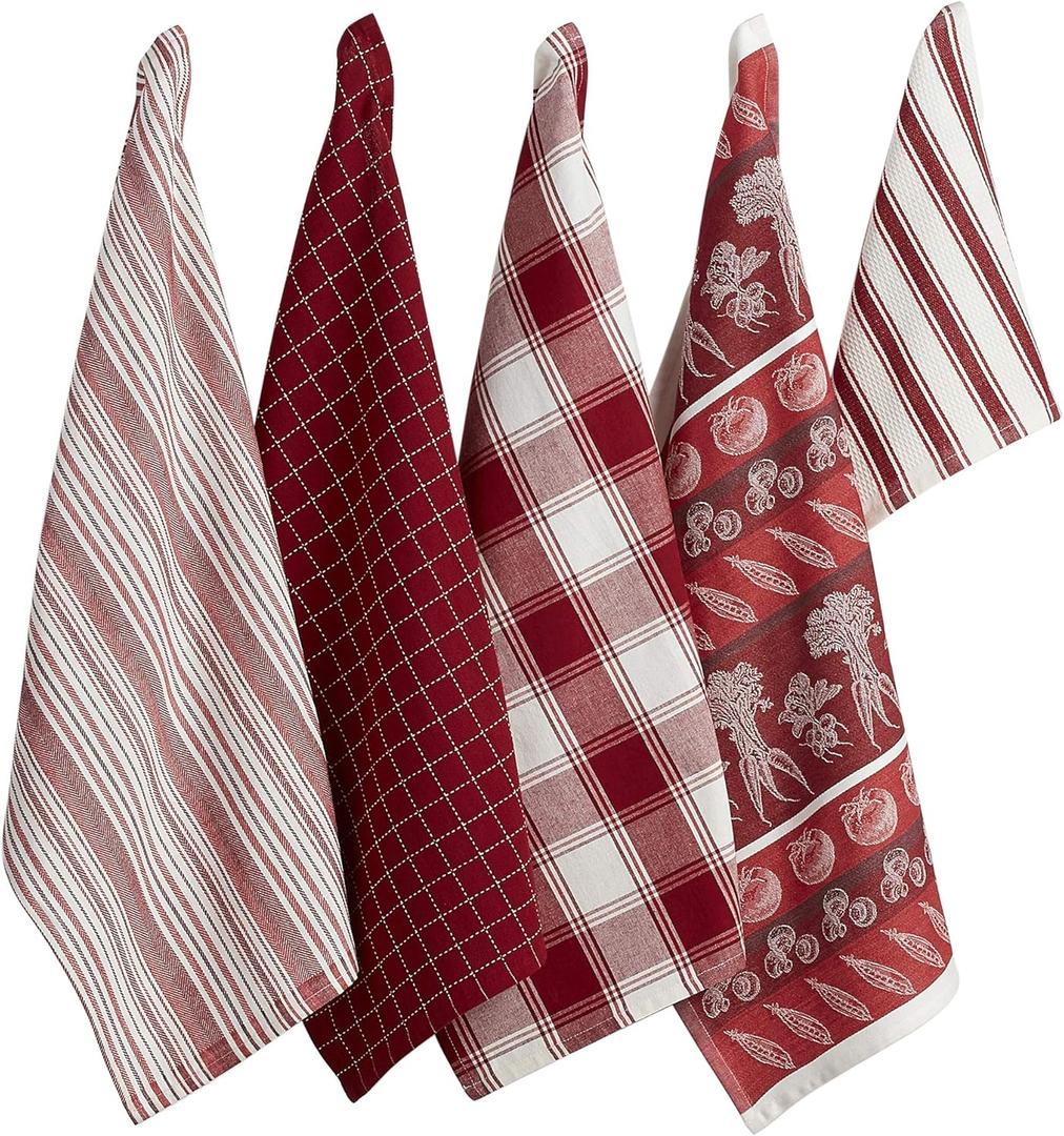DII Assorted Pattern, Kitchen Collection, Dishtowels & Dishcloth, Garnet, 5 Piece