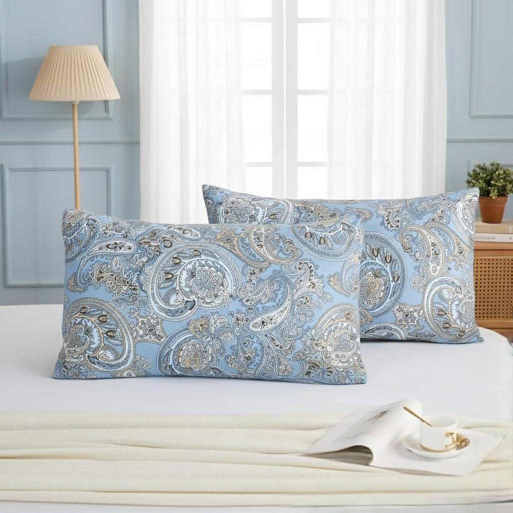 Queen Size Pillowcases Set of 2, 100% Cotton Pillow Cases, Blue Paisley Print, Soft Breathable Envelope Closure Pillow Covers(Queen, 20"x30")