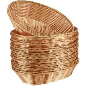 SINJEUN 20 Pack Wicker Bread Basket, Handwoven Oval Plastic Basket, Woven Tabletop Fruit Vegetables Food Serving Basket for Home, Kitchen, Restaurant, Light Brown (20 Pack 9 x 5.9 x 2.5 Inch)