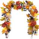 Adeeing 6 Ft Thanksgiving Fall Garland Decor, Artificial Autumn Garlands with Pumpkins, Maple Leaves, Ribbon and Pine Cone for Indoor Outdoor Fireplace Window Home Decoration (Red Yellow)