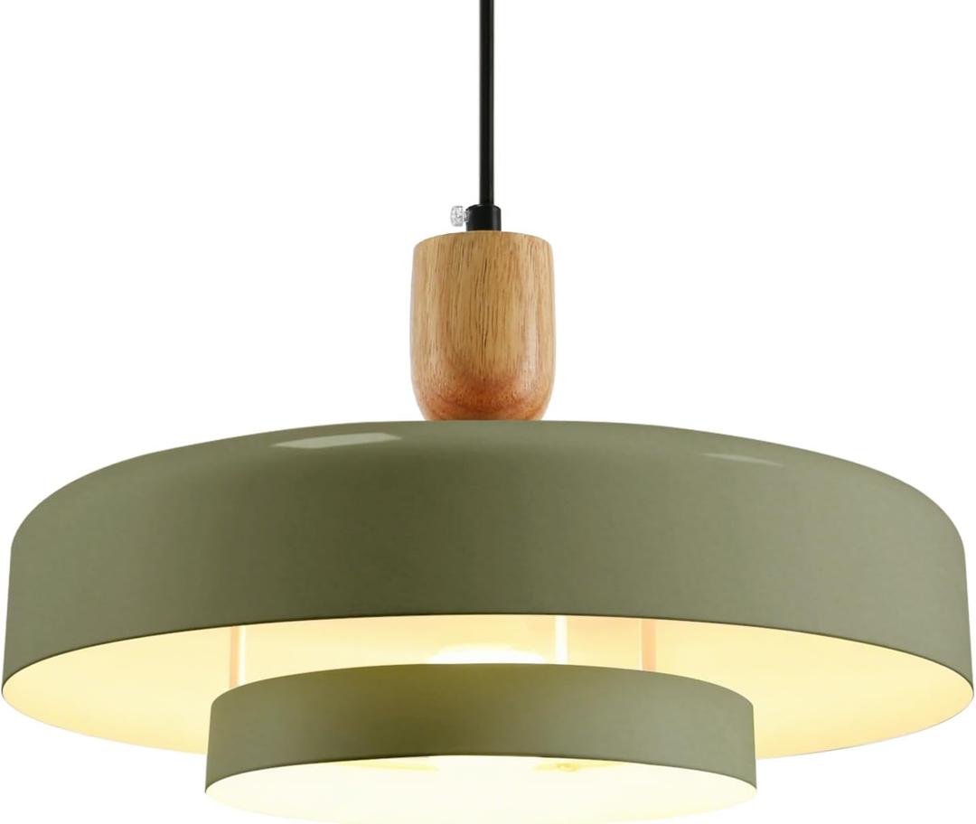 Olive Green Industrial Pendant Light Mid Century Chandelier Vintage 1-Light Hanging Fixture with Wood Accent 180cm Adjustable Cord E26 Base for Kitchen Island Bar Dining Room