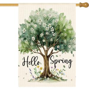 AVOIN colorlife Hello Spring House Flag 28x40 Inch Double Sided Outside, Seasonal Floral Tree Rustic Yard Outdoor Flag