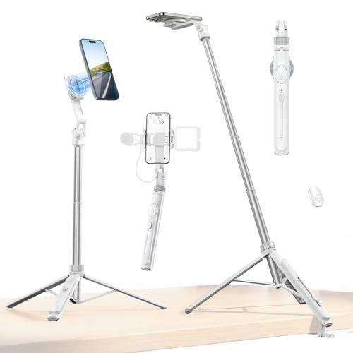 ULANZI TT88 Magnetic Tripod for iPhone 17, 57" Extendable Selfie Stick w Remote, 2-in-1 Phone Clip & Dual Cold Shoe Mounts-Lightweight Phone Tripod Stand for Vlogging, Travel, Video Recording, White