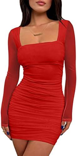 BORIFLORS Women's Sexy Ruched Bodycon Mini Dress Mesh Long Sleeve Club Party Short Dresses XL