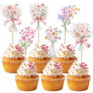Ephlyn 36Pcs Floral Cupcake Toppers Baby in Bloom Baby Shower Cake Decorations Wildflower Baby Shower Decorations Flower Birthday Cupcake Toppers for Wildflower Birthday Party Decorations