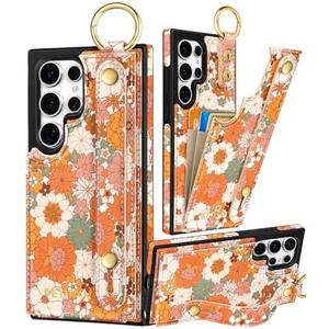 Petitian for Samsung Galaxy S25 Ultra Case with Wallet - Women Girls Cute Girly Aesthetic Unique Design Leather Credit Card Holder Cardholder Stand Wristband for S25 Ultra, Orange Floral