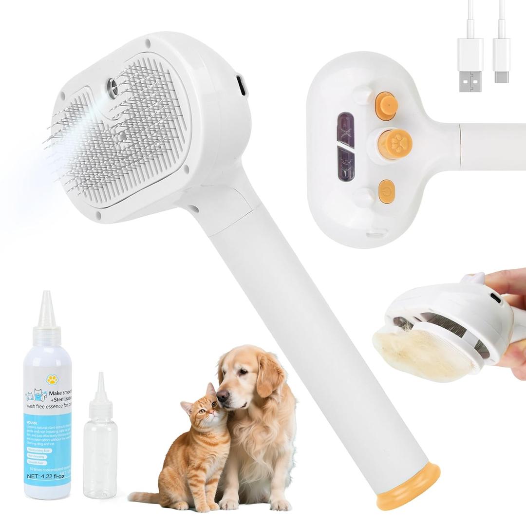 3-in-1 Pet Steam Brush - Dog Brush for Shedding & Cat Brushes for Indoor Cats - Skin-Friendly, Self-Cleaning Grooming Brush for Dogs & Cats - Hair Removal Tool
