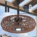 20'' Outdoor Gazebo Fan with Light, Outside/Indoor Hanging Rattan Ceiling Fan with Remote&APP Control, 3CCT Dimmable, 6-Speed DC Motor, Plug-in Wicker Woven Caged Ceiling Fans for Patio Pergola