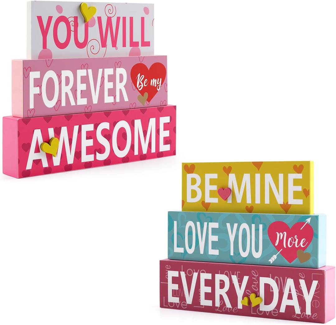 2 x 2-Piece Valentine's Day Wooden Sign SetYou Will Forever Be My Awesome & Be Mine Love You More Every Day Wood Tabletop Decor for Mantel, Desk, Shelf or Tiered Tray, Romantic Gift for Her