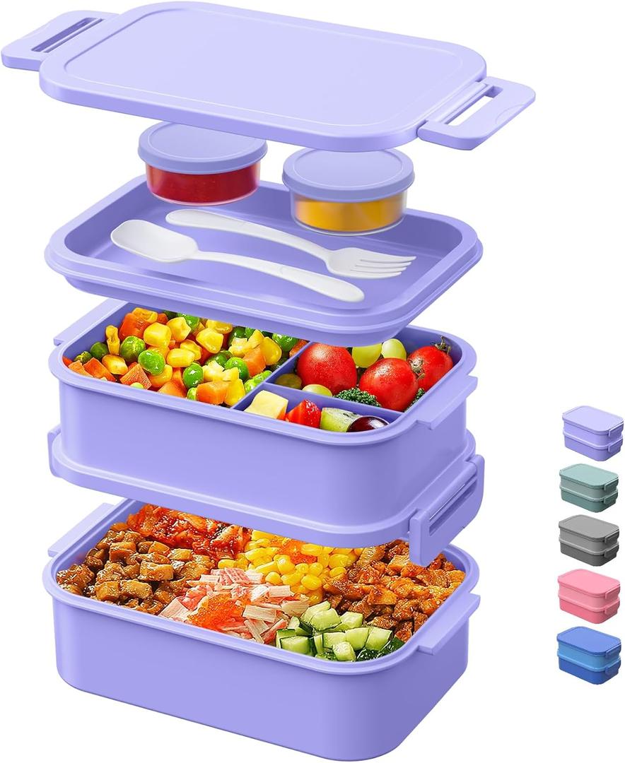 Lunch Box Adults Bento Box - 74 OZ All-in-One Stackable Lunch Box Containers for Adult Large Bento Box with Fork Spoon Sauce Boxes, Leakproof Lunchbox for Work School Dining Out,Macaron-Purple