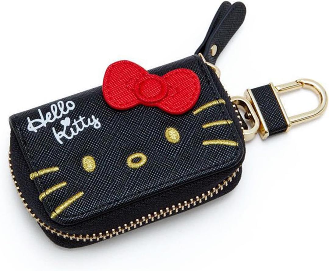 Cartoon Cute Car Remote Key Case,PU Leather Car Key Holder Ring Box,Metal Hook Zipper Embroidered Bag,Wristlet Keychain Key Case,for Women and Men. (Black)
