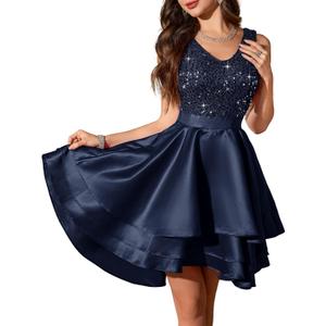 Meetjen Womens Sparkly Homecoming Dresses for Teens Short Sequin High Low Formal Prom Dress Cocktail Party Wedding Guest (Medium, Navy)